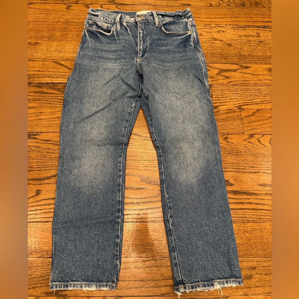 Frame Le Pixie Sylvie Slender Straight Jeans 27 Raw Hem Mid Wash Designer Denim
